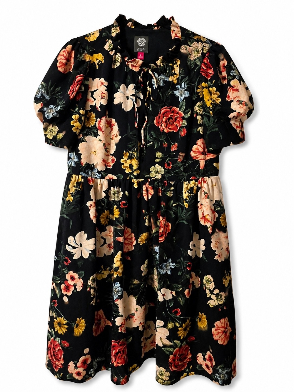 Vince Camuto Black Floral Puff-Sleeve Dress